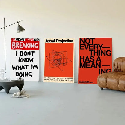 Three bold minimalist posters with black text on white and orange backgrounds complement decorbites™ japanese abstract blue wave canvas print