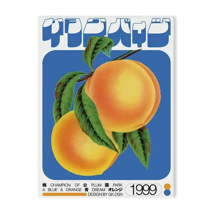 A vibrant retro-style DecorBites™ Japanese abstract canvas print featuring two ripe peaches against abstract blue wave background