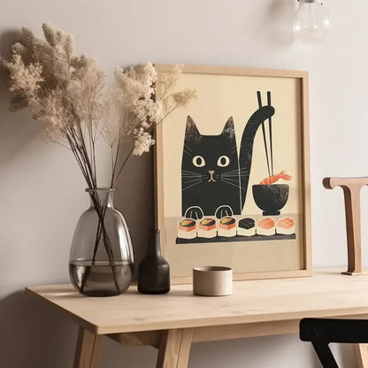A framed beige canvas print of a black cat with chopsticks and sushi for japanese ramen wall art