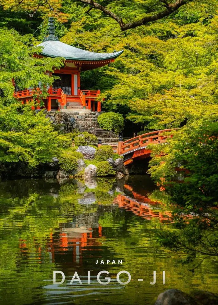 Decorbites™ japanese city landscape canvas wall art featuring a vibrant red temple pavilion with a curved green roof