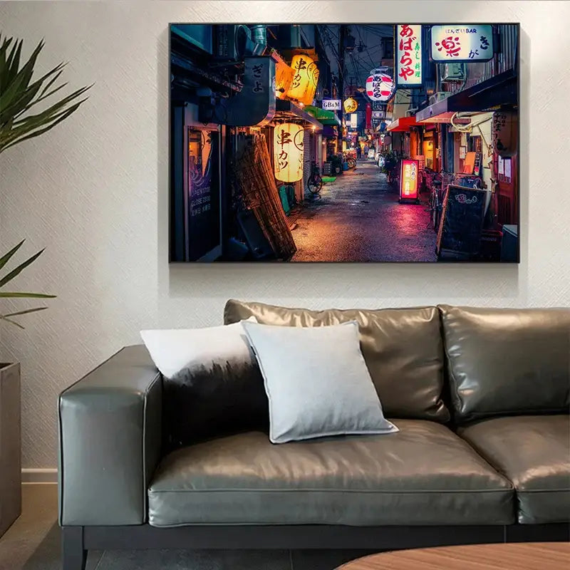 Decorbites™ japanese city landscape canvas wall art featuring a vibrant glowing japanese alley with lanterns at night