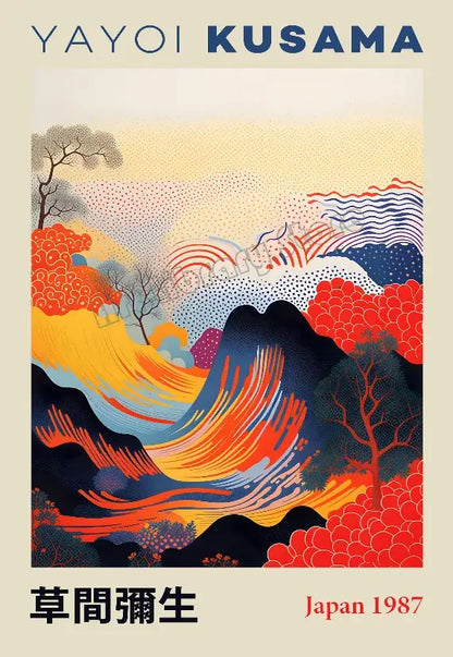 Decorbites™ japanese geometric mountain landscape canvas art featuring yayoi kusama polka dots and bold colors