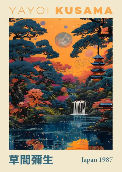 Decorbites™ japanese geometric mountain landscape canvas art featuring vibrant orange and blue pagoda waterfall design