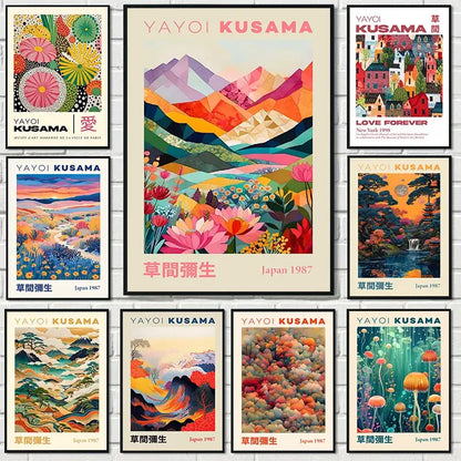 DecorBites™ Japanese geometric mountain landscape canvas art featuring vibrant pink and orange hues by yayoi kusama