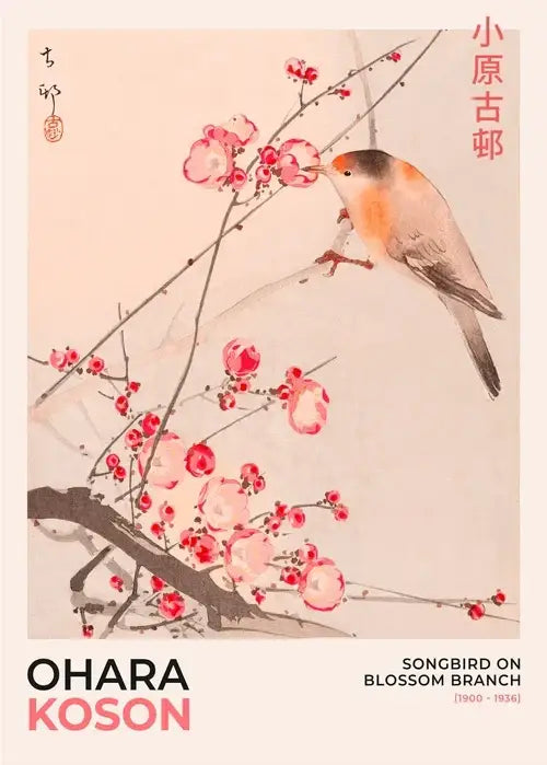DecorBites™ Japanese Hokusai art poster print featuring a delicate bird on a pink blossom branch in soft brushstrokes