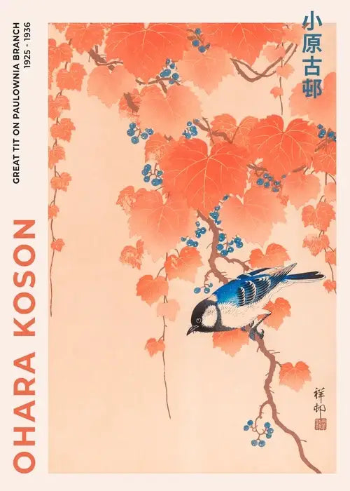 DecorBites™ japanese Hokusai art poster print of a delicate blue and white bird with vibrant orange leaves