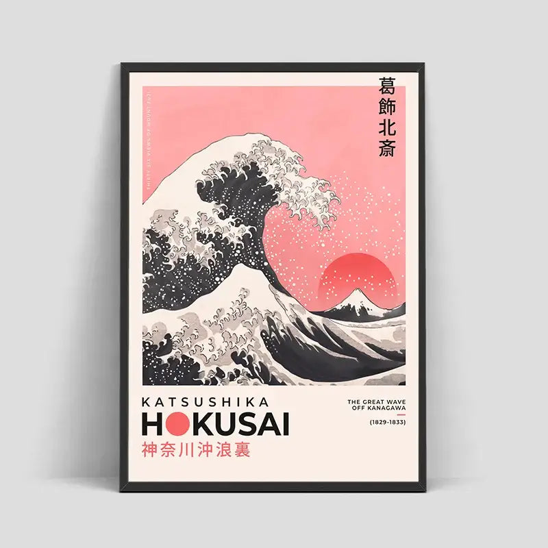 A framed DecorBites™ Japanese Hokusai art poster print with black and white waves on a soft pink sky background