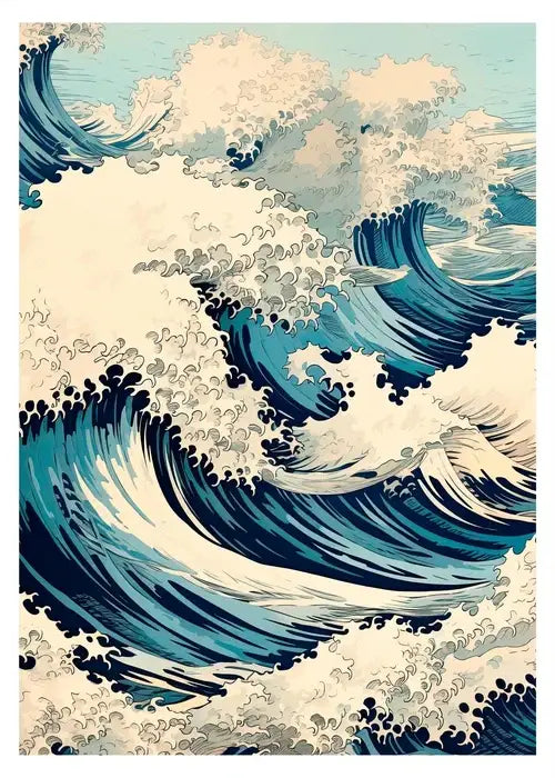 Decorbites™ japanese hokusai art poster print featuring stylized ocean waves in deep blue and creamy white for home decor