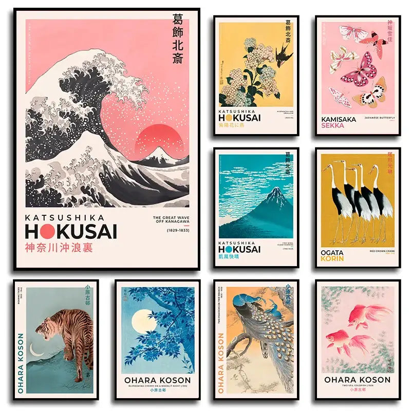 Set of eight framed japanese art poster prints featuring iconic designs by katsushika hokusai for home decor