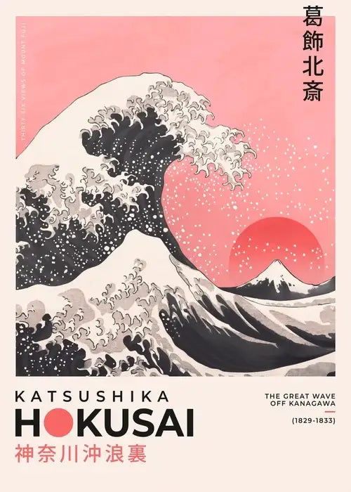 Decorbites™ japanese hokusai art poster print with bold black and white waves on soft pink sky for home decor