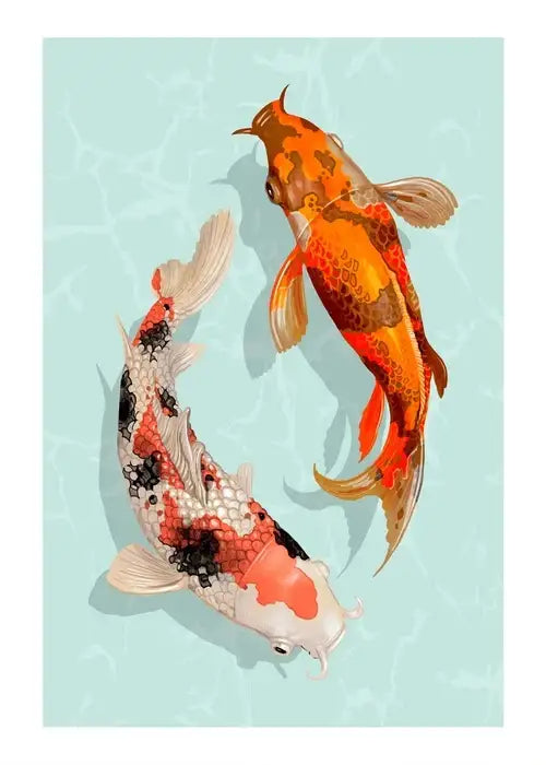 DecorBites™ Japanese Hokusai art poster print featuring two intricately illustrated vibrant koi fish for home decor