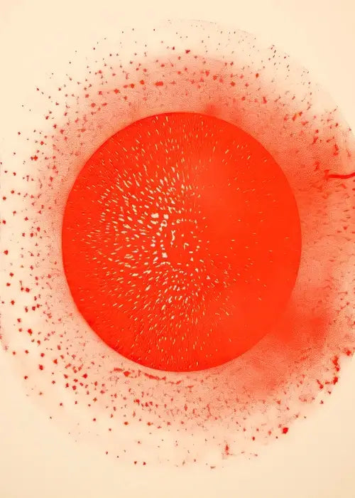 Vibrant orange circular abstract art poster print with red speckles and fine textured lines for home decor by decorbites™