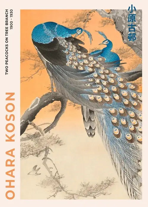 DecorBites™ japanese art poster print featuring a vibrant blue peacock with intricate eye-patterned feathers