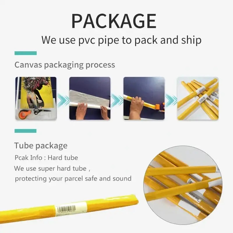 Yellow pvc pipe packaging tubes with white labels and barcode for decorbites™ japanese hokusai art poster print