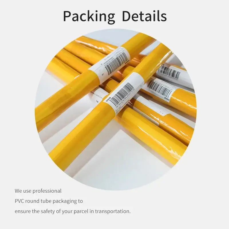Yellow pvc round tubes wrapped in clear plastic with white barcode labels for decorbites™ japanese hokusai art poster print packaging
