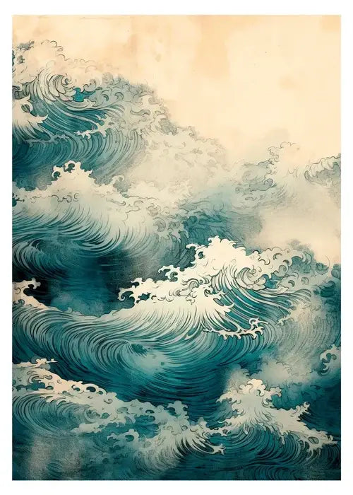 Decorbites™ japanese hokusai art poster print on canvas featuring dynamic hand-painted deep teal and white ocean waves