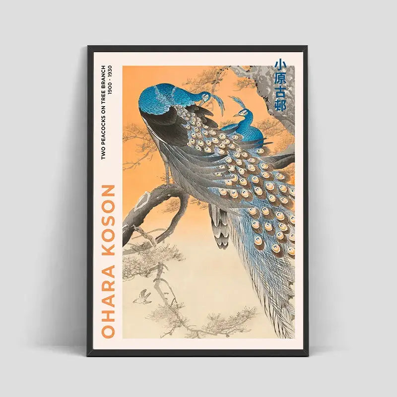 DecorBites™ art poster print on canvas of two vibrant blue and black peacocks in traditional japanese woodblock style