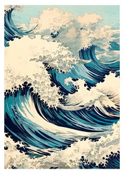 Decorbites™ japanese hokusai art poster print on canvas features powerful stylized ocean waves in deep blue and white