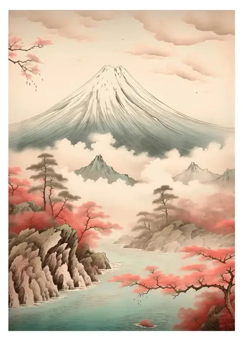 DecorBites™ Japanese Hokusai art poster print on canvas featuring Mount Fuji and cherry blossoms in vibrant pink hues