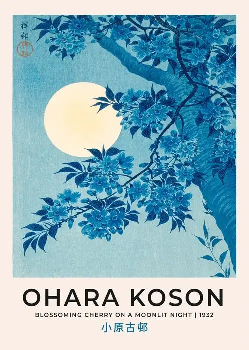 DecorBites™ Japanese Hokusai art poster print on canvas featuring blue-toned cherry blossoms and full moon in ukiyo-e style