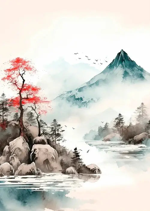 DecorBites™ Japanese Hokusai art poster print on canvas featuring a misty mountain and red maple tree by calm waters