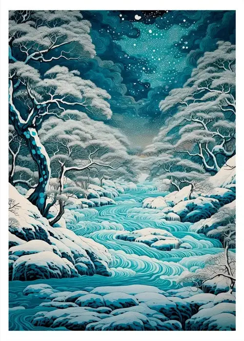 Decorbites™ japanese hokusai art poster print on canvas featuring a serene turquoise river in a winter landscape