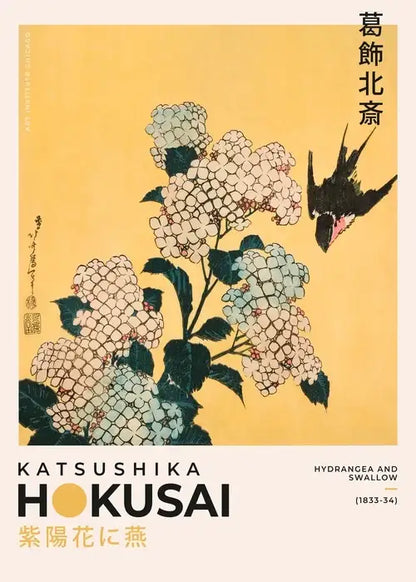 Decorbites™ japanese hokusai art poster print on canvas featuring hydrangea blossoms and a black swallow on yellow background