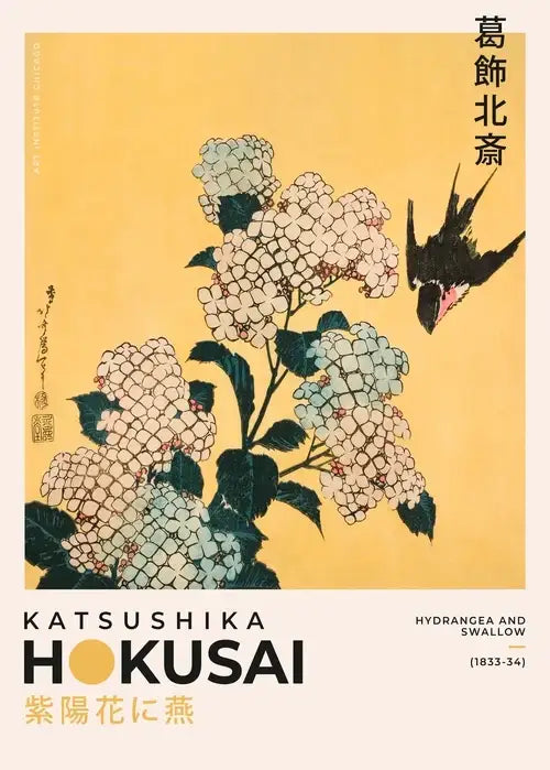 DecorBites™ Japanese Hokusai art poster print on canvas featuring pink and blue hydrangeas with a black swallow