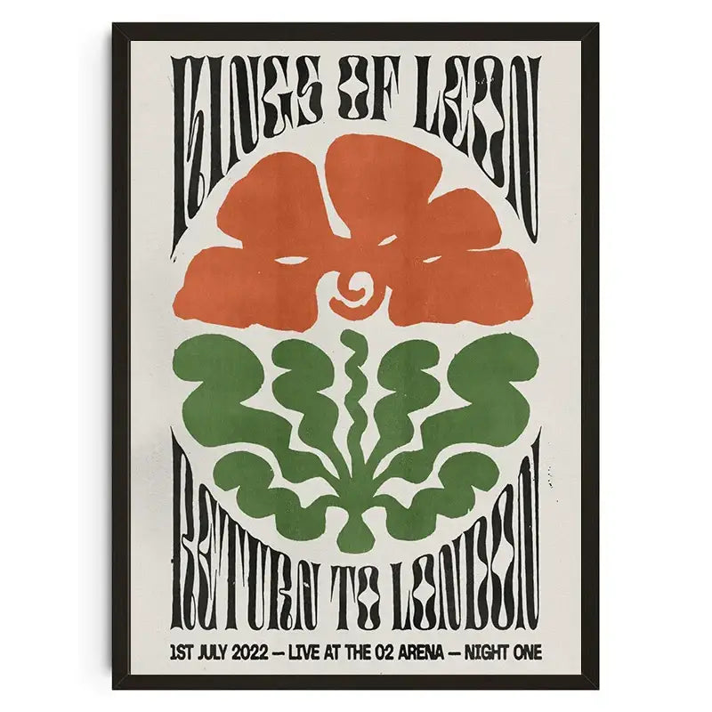 A framed koi cat abstract canvas wall art with bold black lettering and orange green floral designs for decor bites