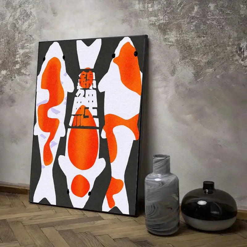 A modern canvas painting by DecorBites featuring stylized orange white koi cat abstract on black background with bold Chinese characters