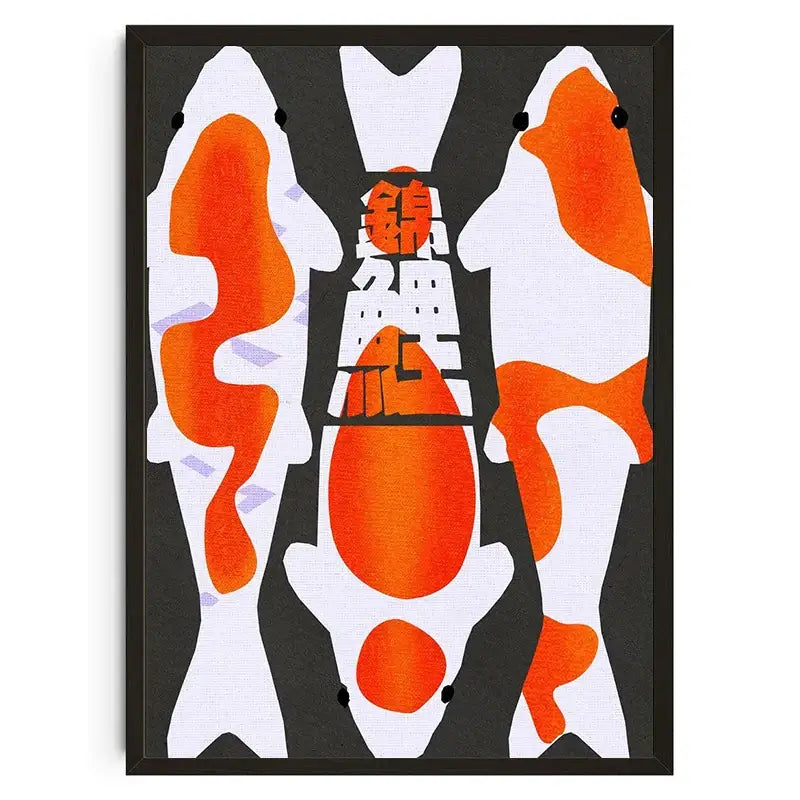 Stylized orange and white japanese koi koi cat abstract wall art in a black frame for canvas decorbites wall art