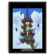 Black-framed DecorBites™ canvas wall art featuring a stylized orange and green pagoda with japanese koi cat theme