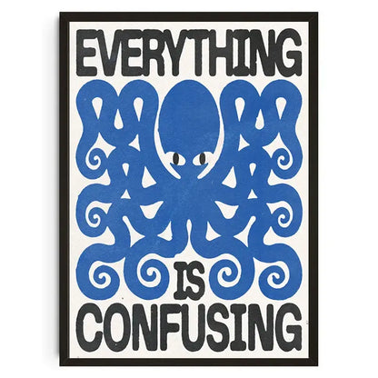 Decorbites™ koi cat abstract canvas wall art featuring blue stylized octopus with everything is confusing text on cream background