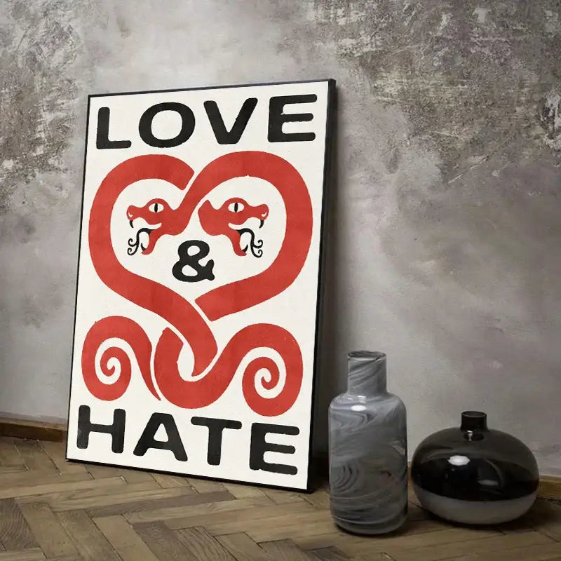 DecorBites™ japanese koi cat abstract animals canvas wall art with bold red and black love and hate snake heart design