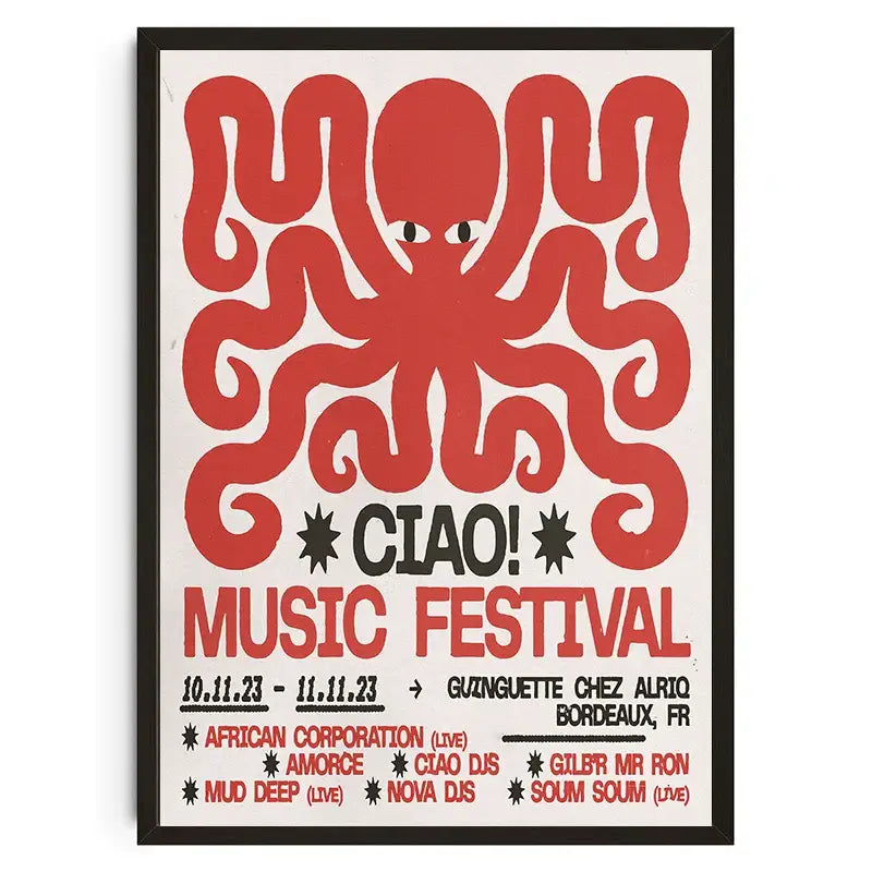 Decorbites™ canvas wall art features a bold red octopus graphic in a minimalist style with black frame, ideal for koi cat decor