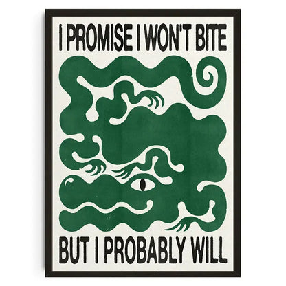 A framed cream canvas wall art with bold black text and a stylized green snake design by decorbites japanese koi cat abstract