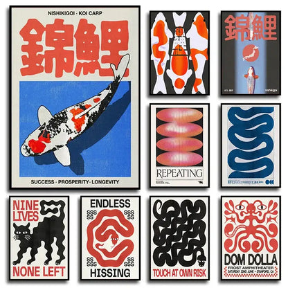 Decorbites™ japanese koi cat abstract canvas wall art featuring a vibrant red and black koi with bold japanese characters