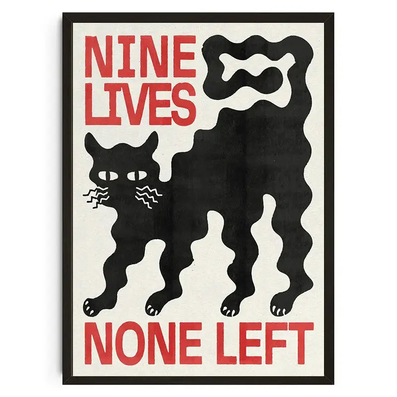 Decorbites™ japanese koi cat wall art features a black cat poster with bold red nine lives none left text framed in black
