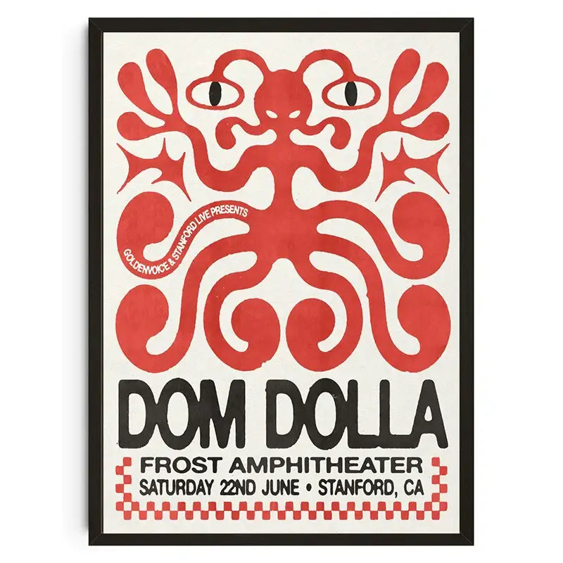 A framed red octopus poster featuring black text announcing dom dollas concert displayed as decorbites™ wall art