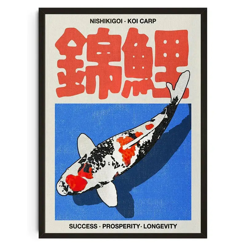 A framed poster of a DecorBites™ japanese koi cat abstract featuring black white and red koi cat abstract animals on blue