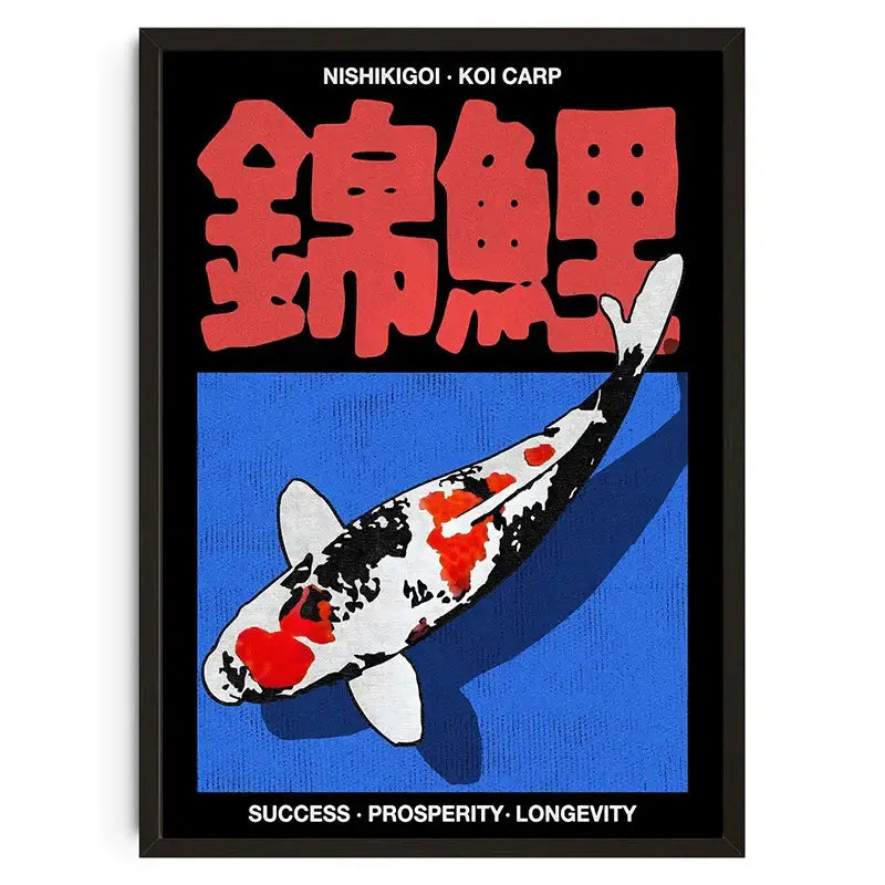 A framed DecorBites™ wall art featuring a stylized red black and white japanese koi cat abstract on blue background