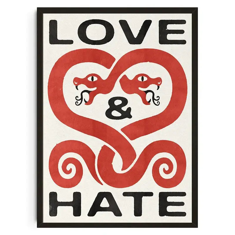 A framed decorbites™ wall art featuring koi cat abstract animals with a red heart formed by intertwined snakes and love & hate text