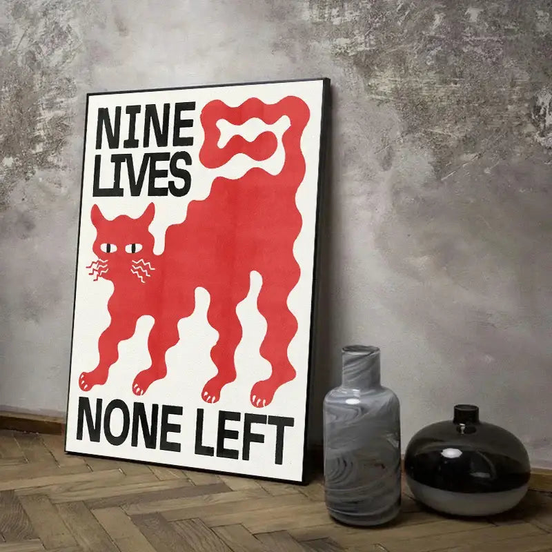 Decorbites™ japanese koi cat abstract wall art poster in red with bold black text nine lives none left framed in black border