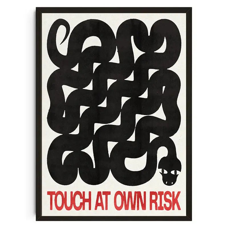 Black abstract snake wall art in minimalist frame with bold red text featured in decorbites™ japanese koi cat canvas