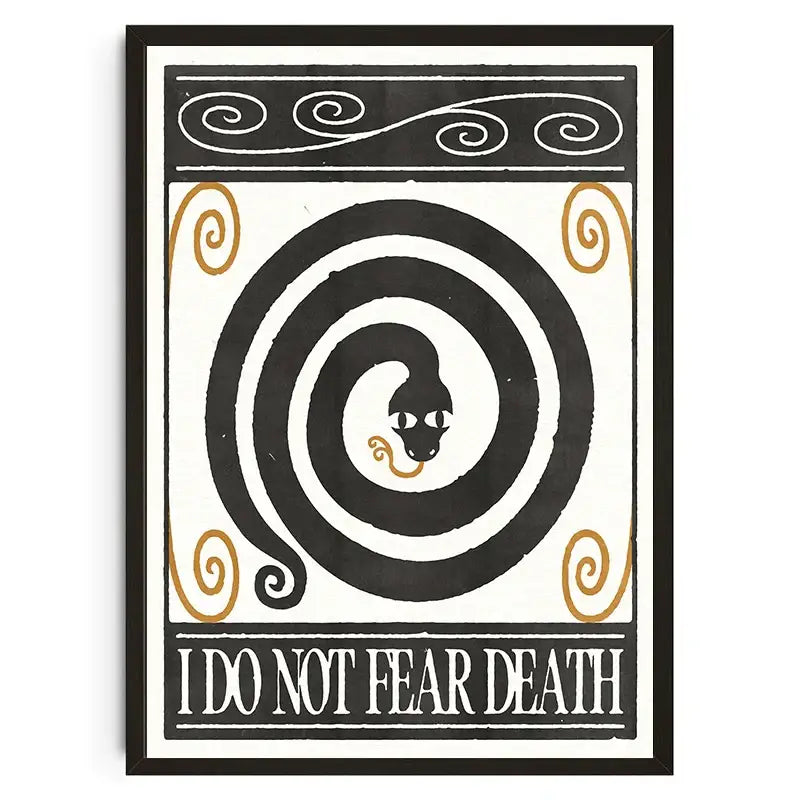 Black and white framed wall art with stylized coiled snake and gold accents featuring decorbites™ japanese koi cat abstract design