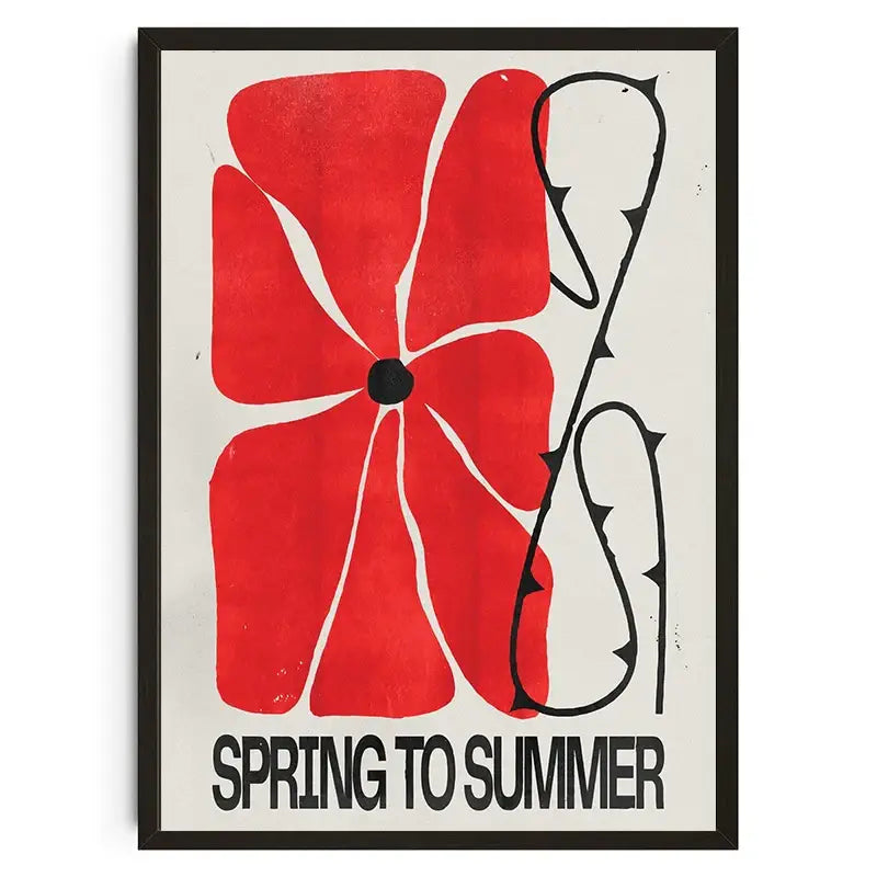 A framed decorbites™ canvas wall art featuring a bold red flower with black thorns and spring to summer text, koi cat style