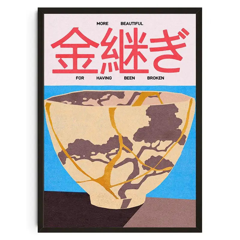 A framed decorbites™ wall art with koi cat abstract illustration featuring a beige ceramic bowl with gold repairs on blue background