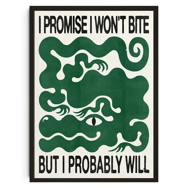 A framed decorbites™ Japanese koi cat wall art poster with black text and a green stylized snake on cream background