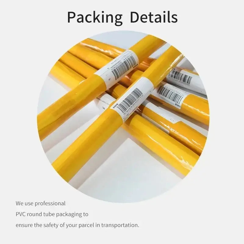 Yellow pvc round tubes wrapped in clear plastic with barcode labels for decorbites™ japanese koi cat wall art packaging