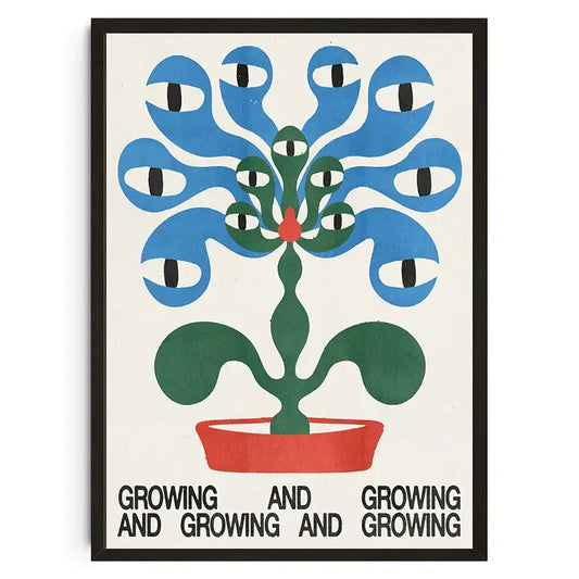 A framed decorbites™ japanese koi cat wall art print featuring a stylized plant with blue leaves in a red pot